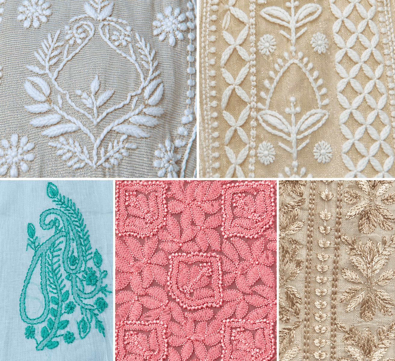 Close-up of intricate silver hand embroidery on golden Indian fabric