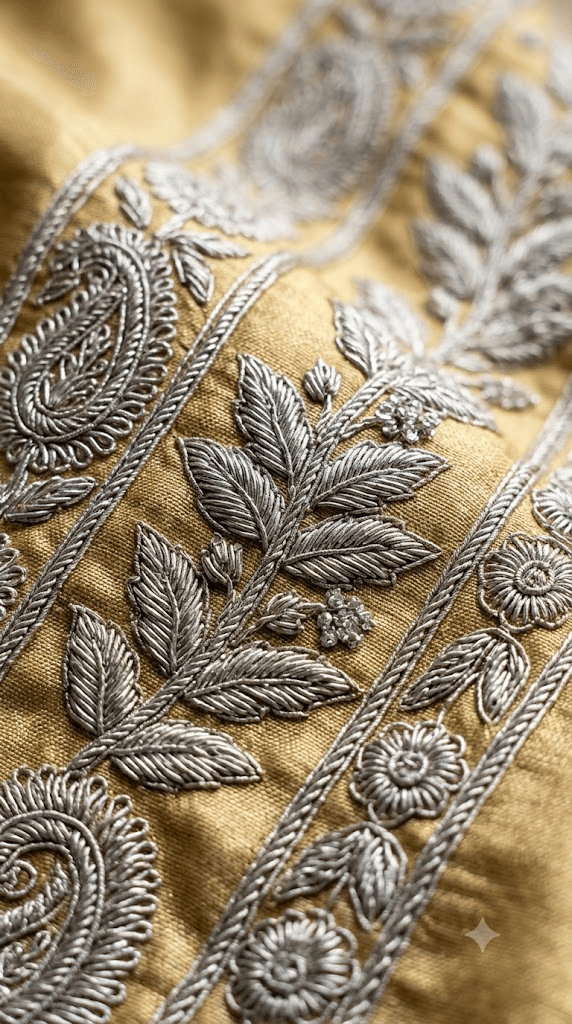 Close-up of traditional hand-worked Lucknowi Chikankari embroidery