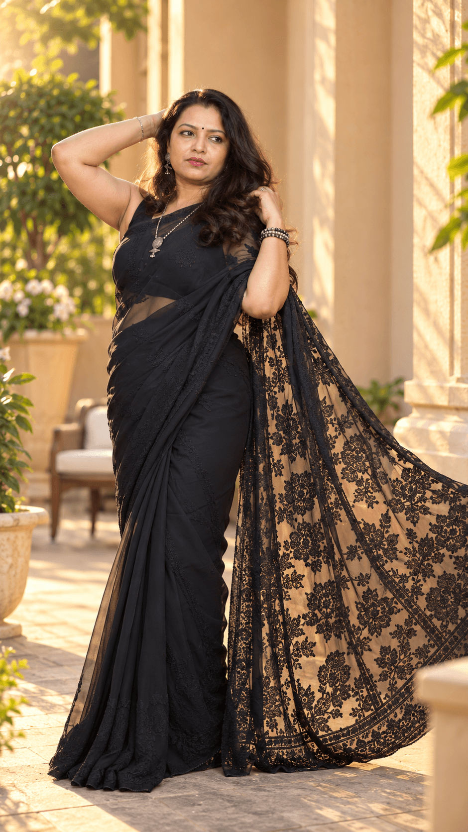 Handcrafted detail of Georgette Sari Heavy Palla